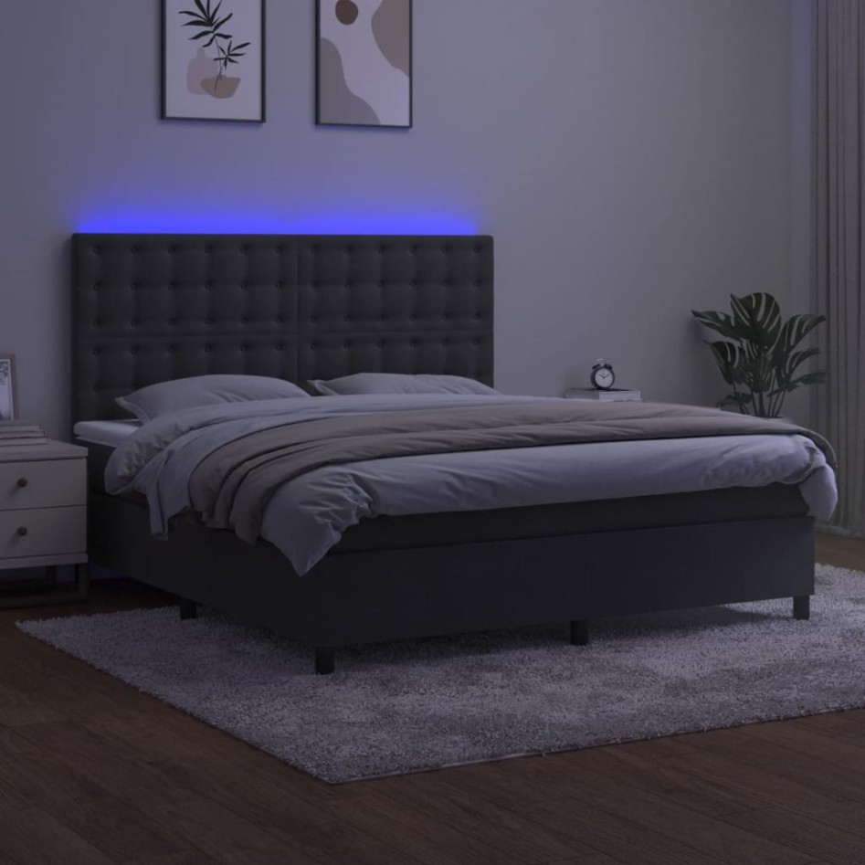 Cama box spring colchón y LED terciopelo gris oscuro 180x200