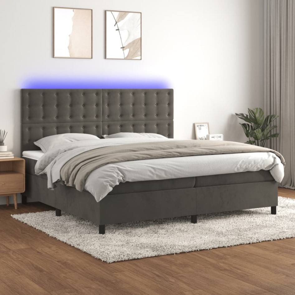 Cama box spring colchón y LED terciopelo gris oscuro 200x200