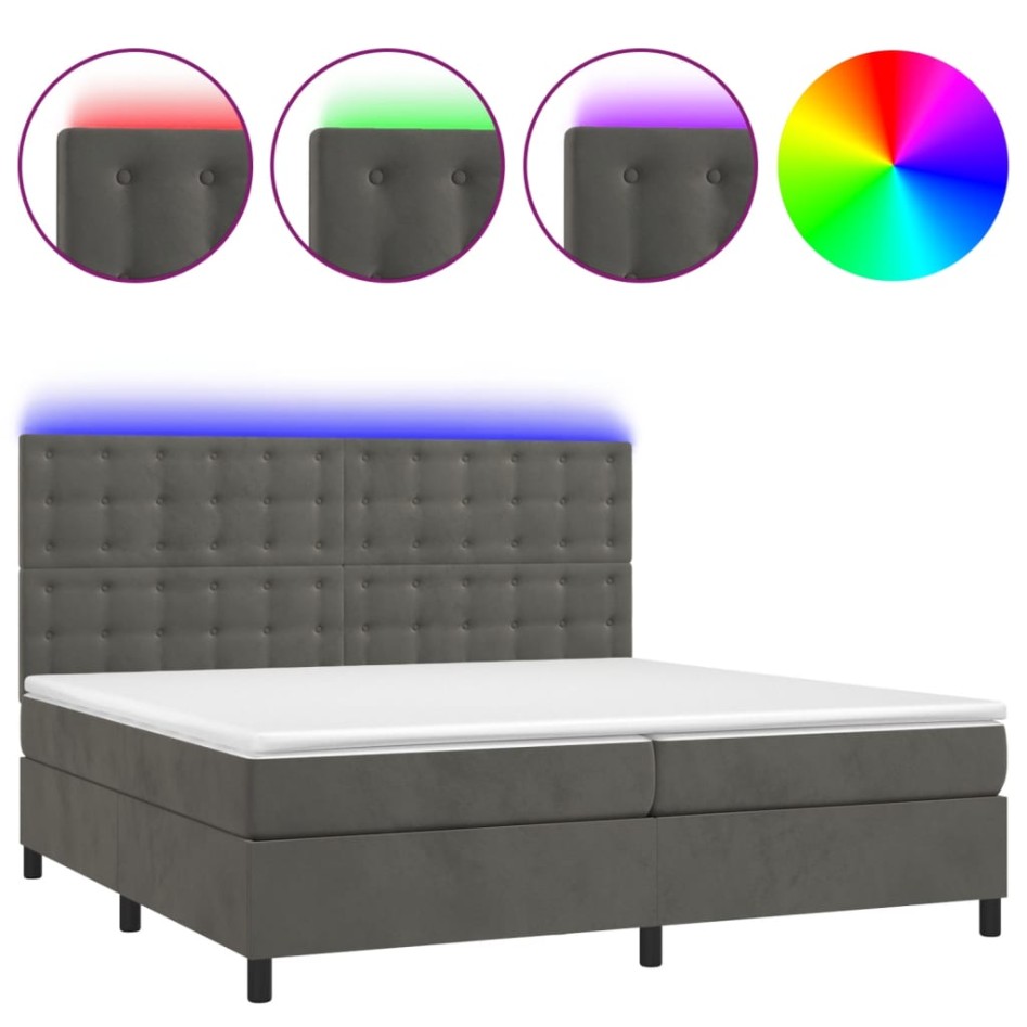 Cama box spring colchón y LED terciopelo gris oscuro 200x200