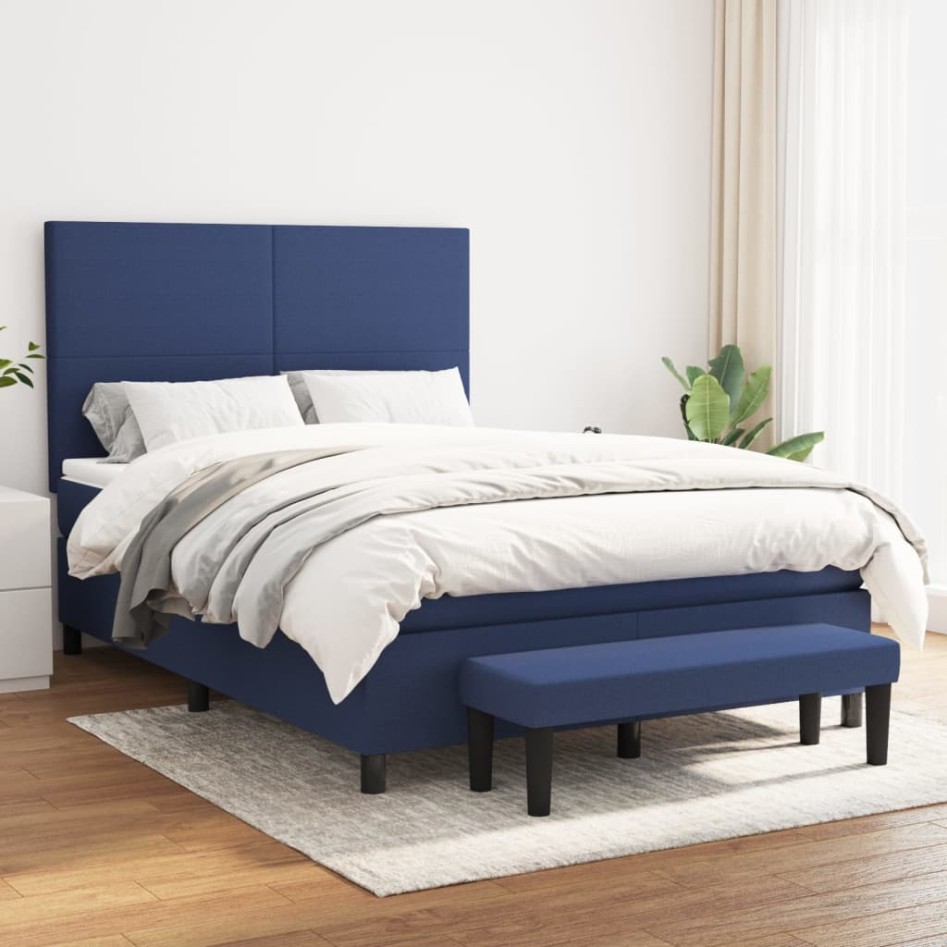 Cama box spring con colchón tela azul 140x190