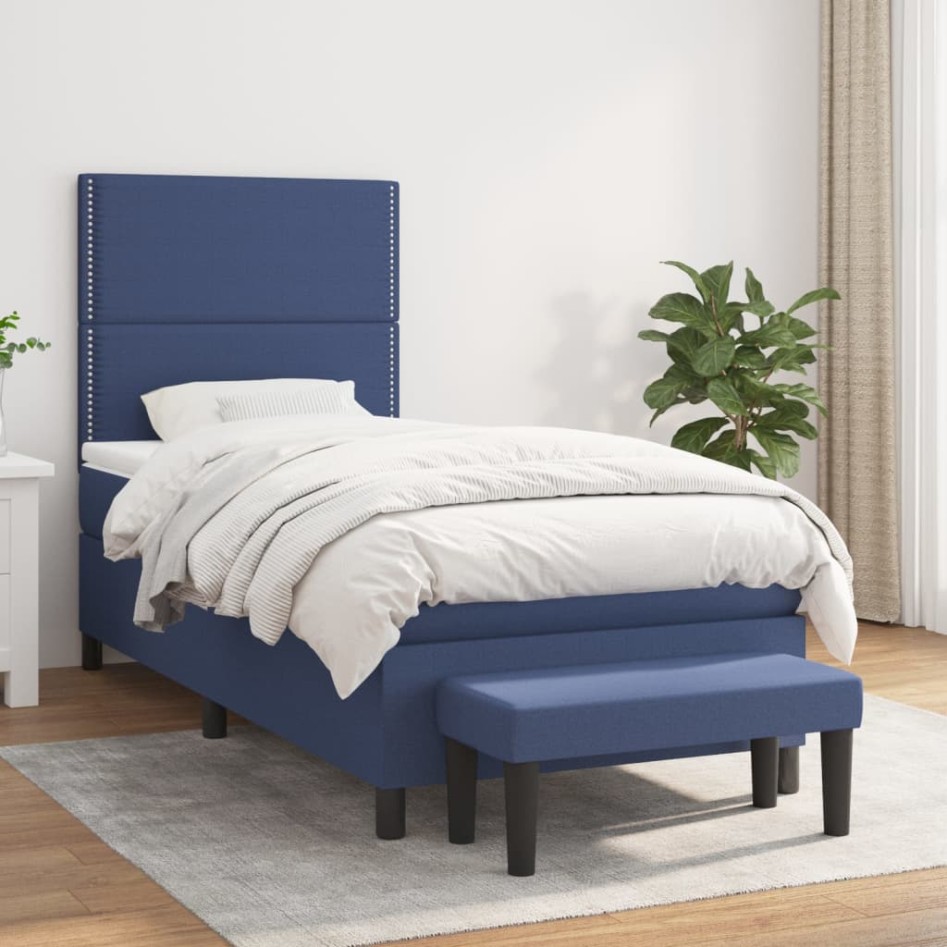 Cama box spring con colchón tela azul 80x200