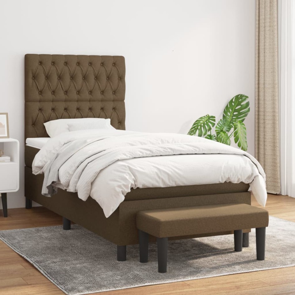 Cama box spring con colchón tela marrón oscuro 90x190