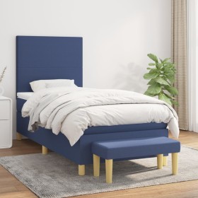 Cama box spring con colchón tela azul 100x200