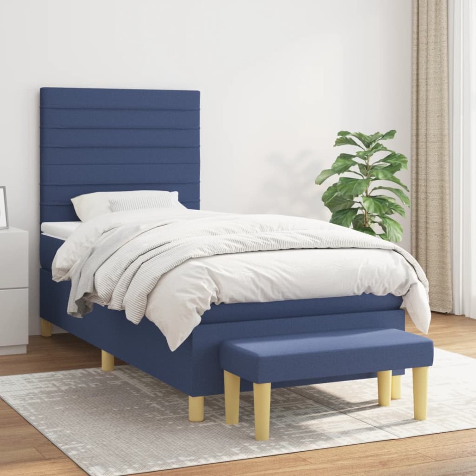 Cama box spring con colchón tela azul 90x200