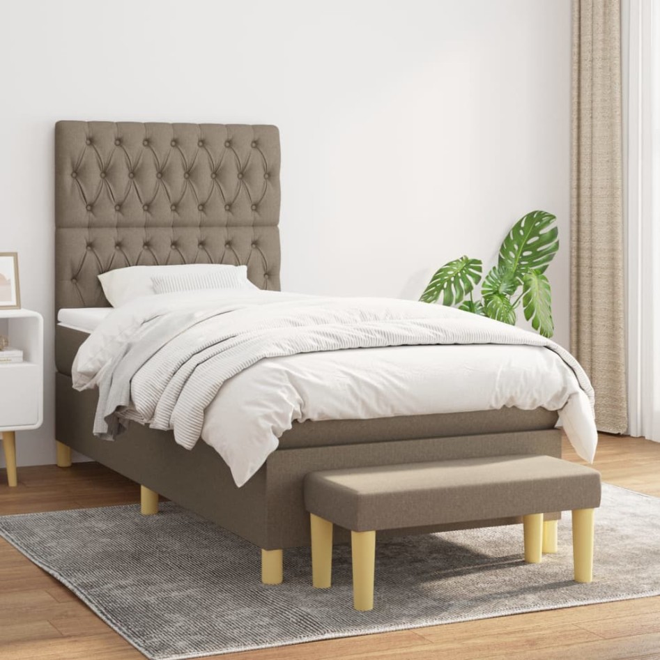 Cama box spring con colchón tela gris taupe 90x190