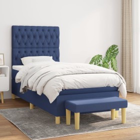Cama box spring con colchón tela azul 90x190