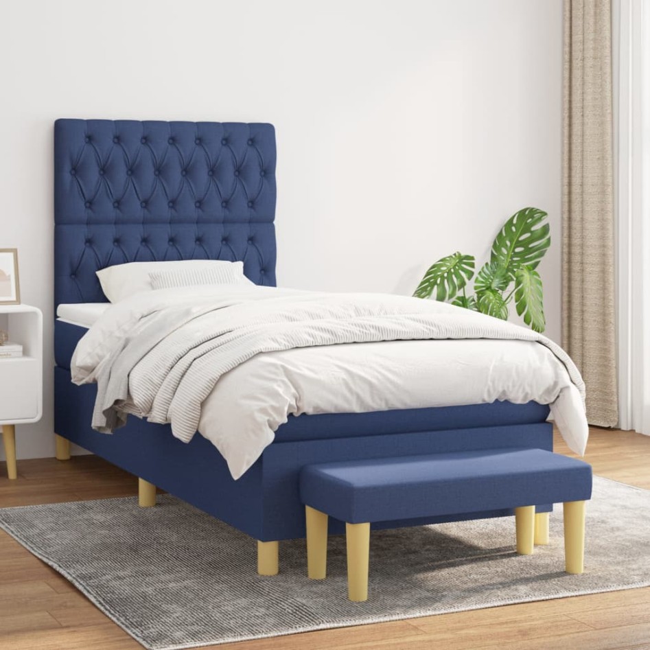Cama box spring con colchón tela azul 90x190