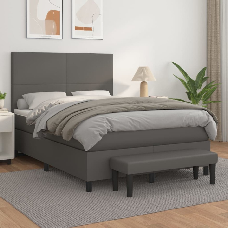 Cama box spring con colchón cuero sintético gris 140x190
