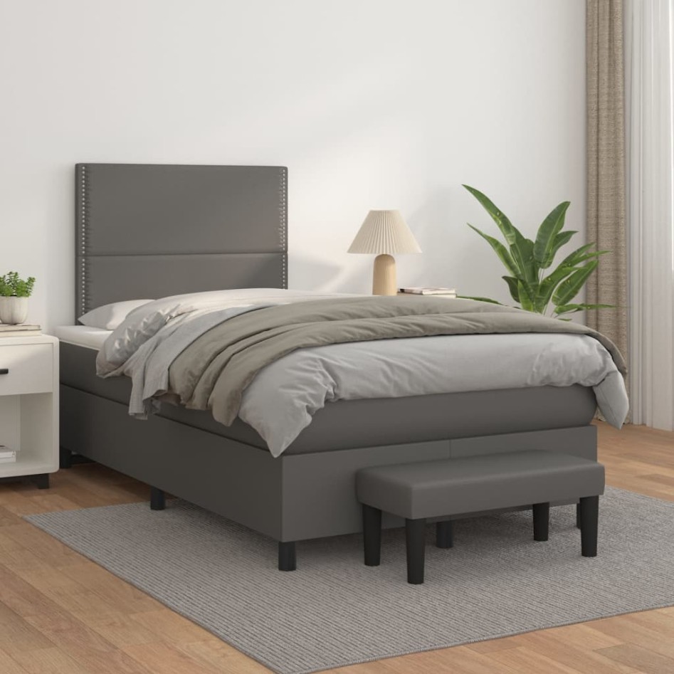 Cama box spring con colchón cuero sintético gris 120x200
