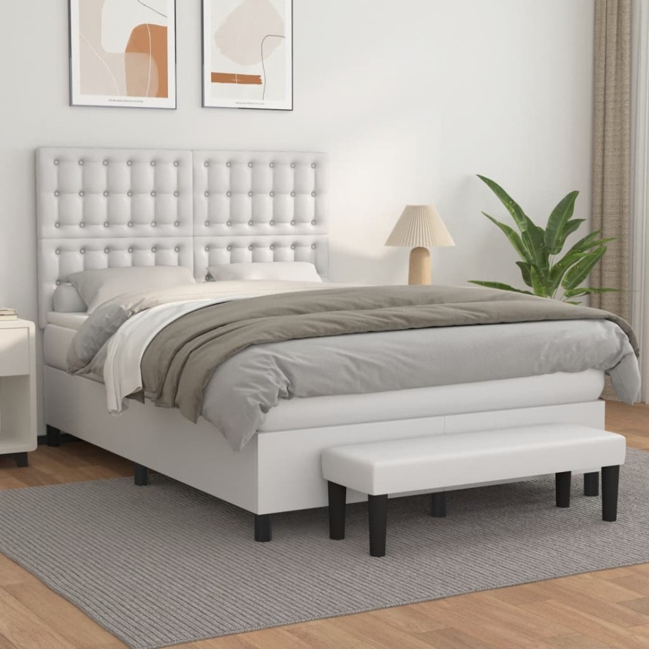 Cama box spring con colchón cuero sintético blanco