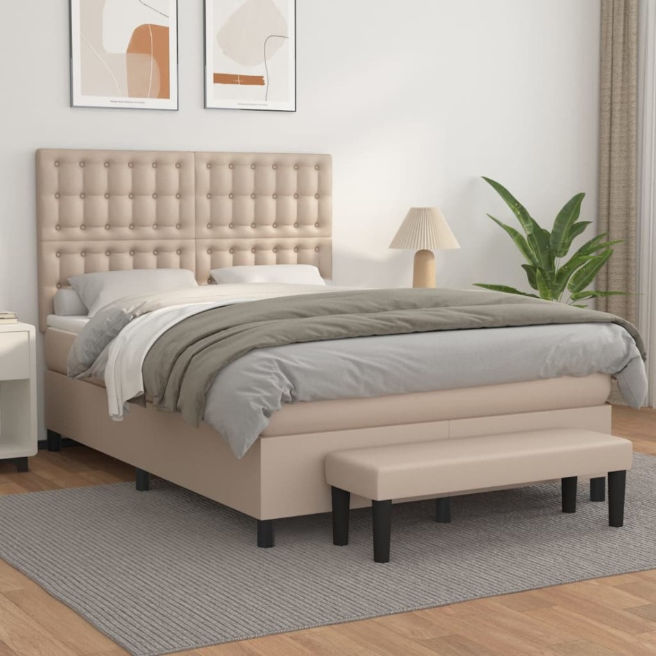 Cama box spring con colchón cuero sintético capuchino