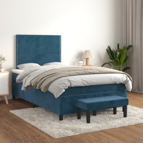 Cama box spring con colchón terciopelo azul oscuro 120x200