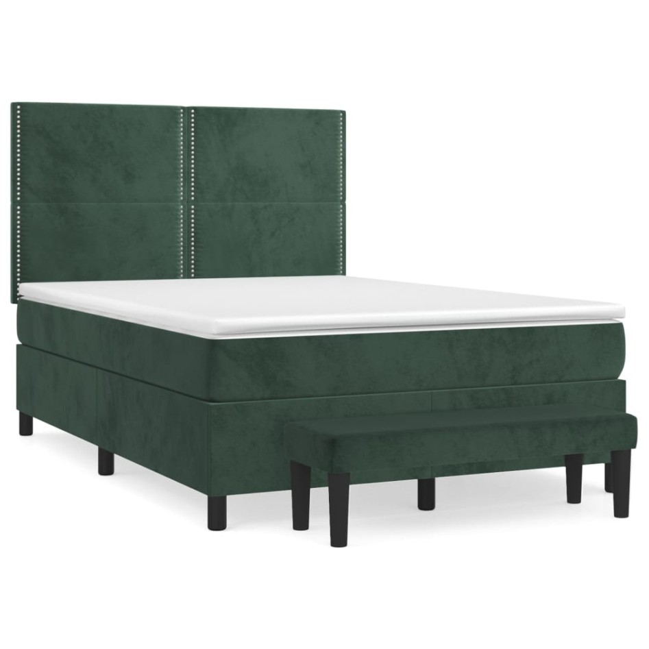 Cama box spring con colchón terciopelo verde oscuro 140x190