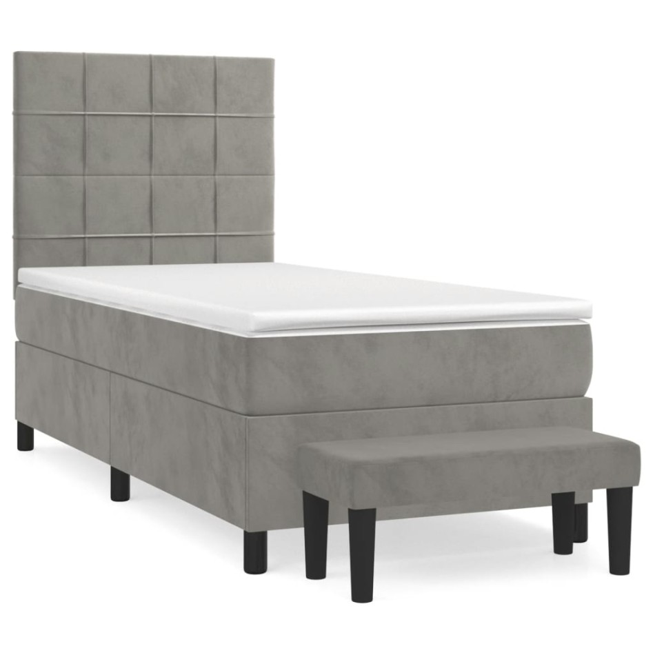 Cama box spring con colchón terciopelo gris claro 100x200