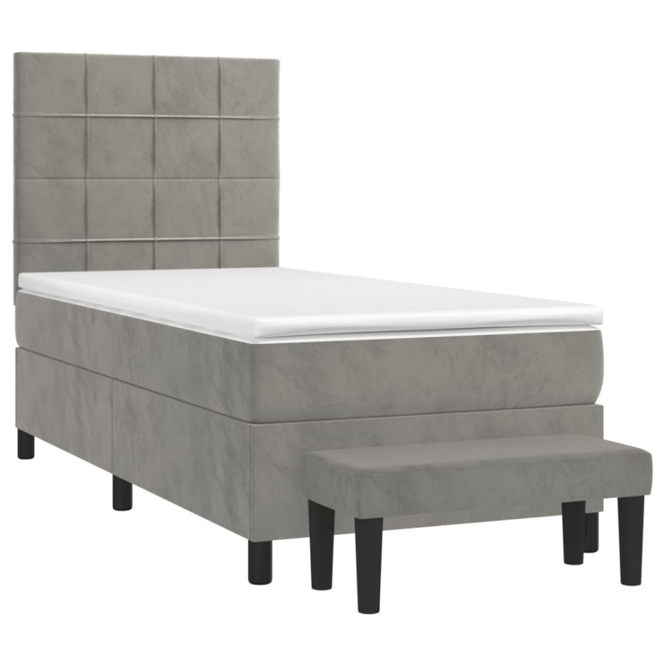 Cama box spring con colchón terciopelo gris claro 100x200