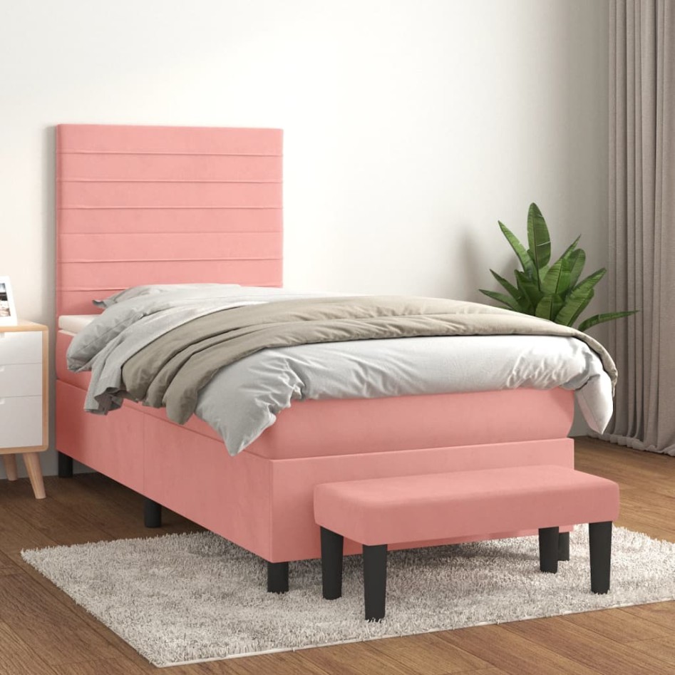 Cama box spring con colchón terciopelo rosa 90x200