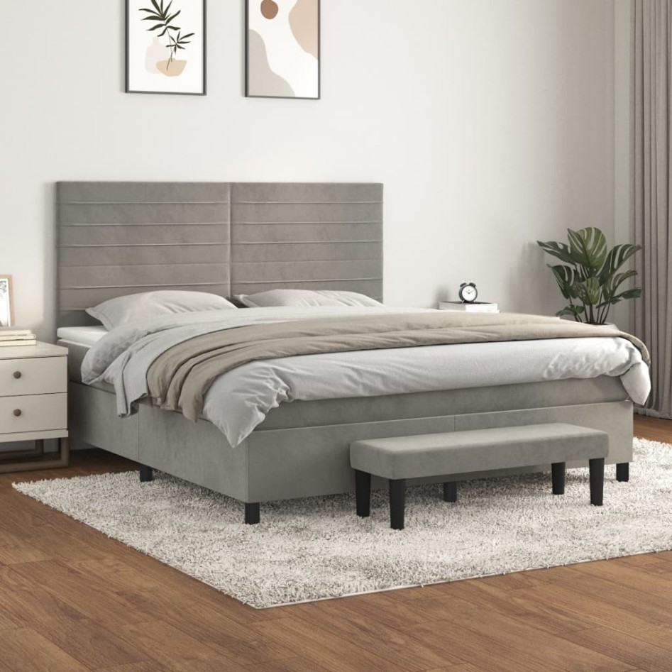 Cama box spring con colchón terciopelo gris claro 180x200