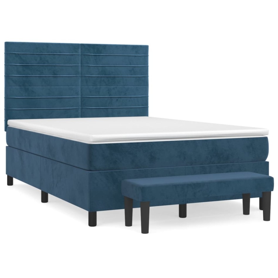 Cama box spring con colchón terciopelo azul oscuro 140x190
