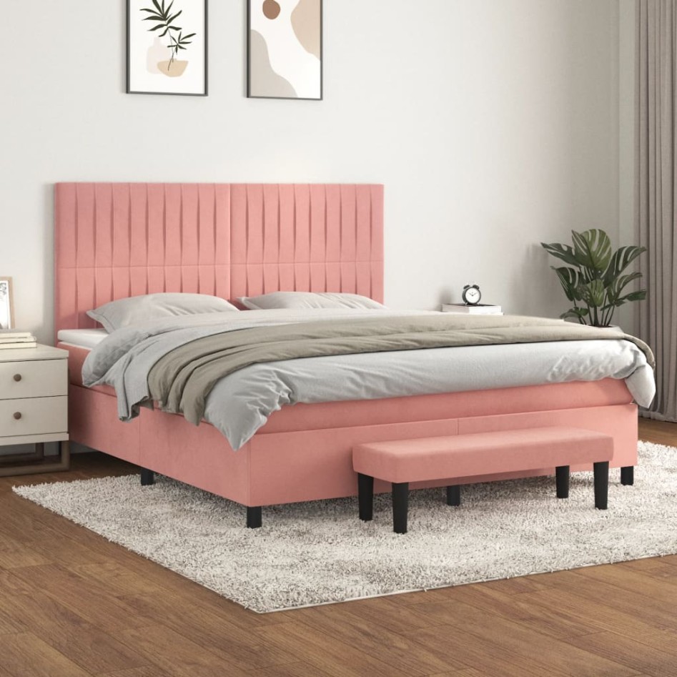 Cama box spring con colchón terciopelo rosa 160x200