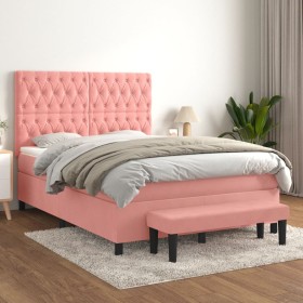 Cama box spring con colchón terciopelo rosa 140x190