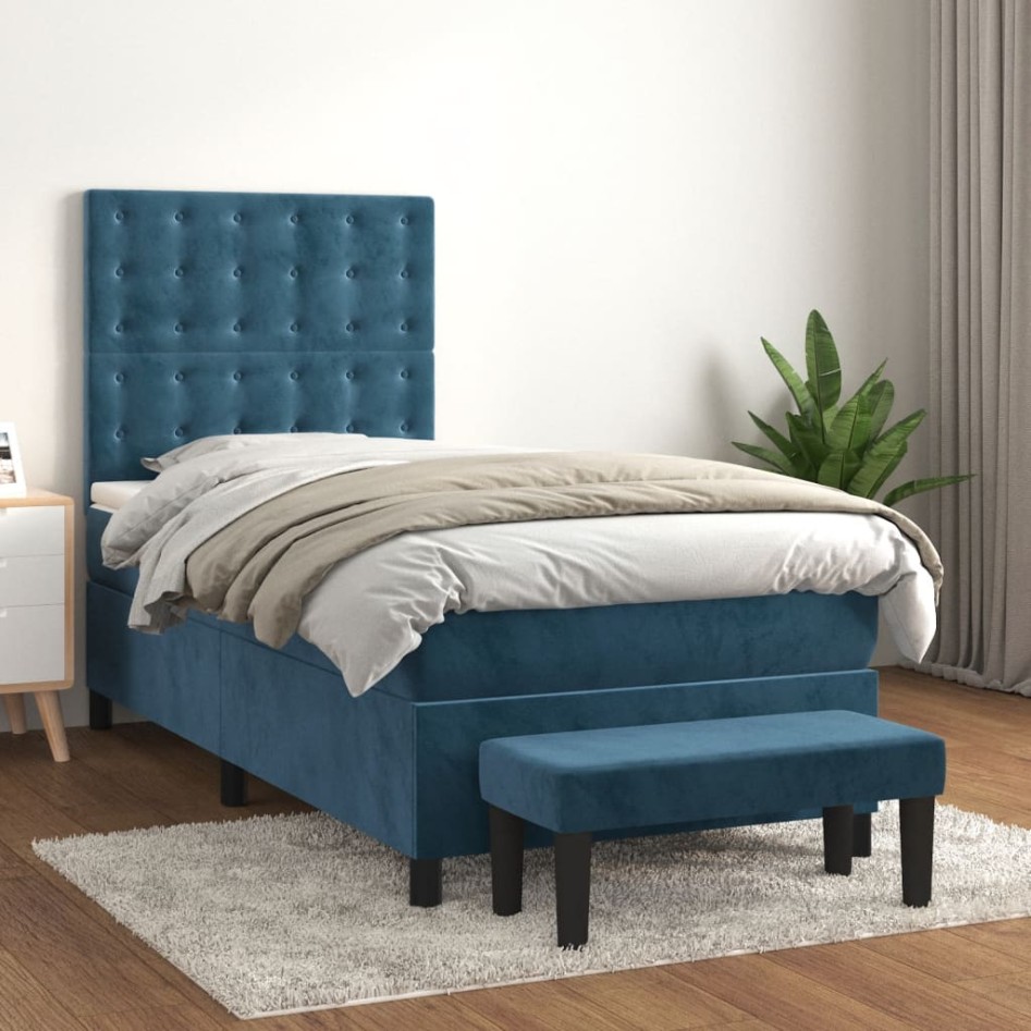 Cama box spring con colchón terciopelo azul oscuro 80x200