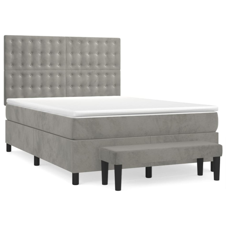 Cama box spring con colchón terciopelo gris claro 140x200
