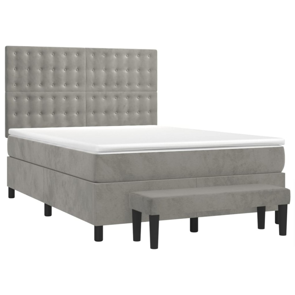 Cama box spring con colchón terciopelo gris claro 140x200