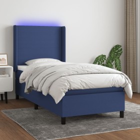 Cama box spring colchón y luces LED tela azul 90x190