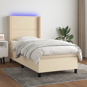 Cama box spring colchón y luces LED tela crema 80x200