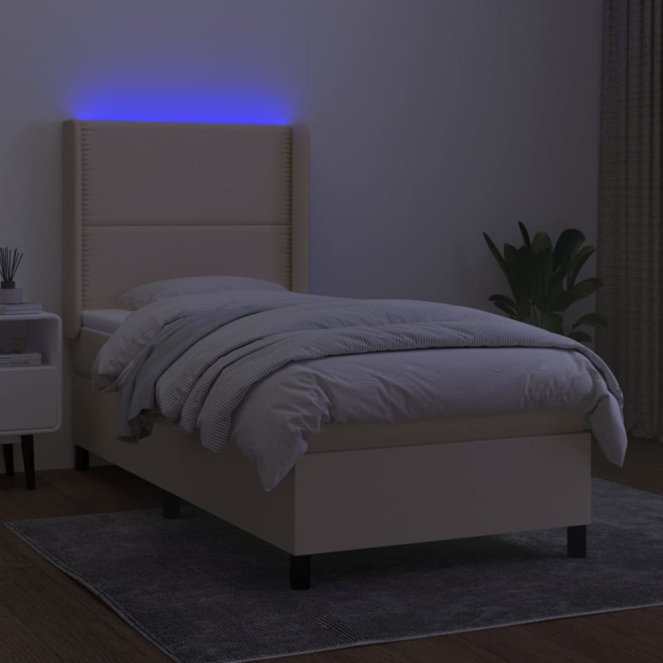 Cama box spring colchón y luces LED tela crema 80x200