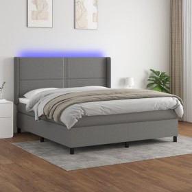 Cama box spring colchón y luces LED tela gris oscuro 160x200