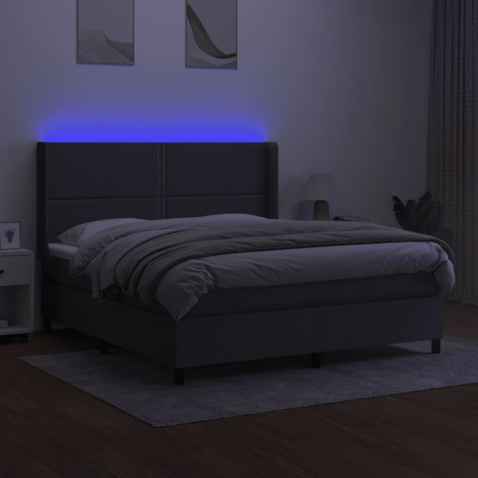 Cama box spring colchón y luces LED tela gris oscuro 160x200