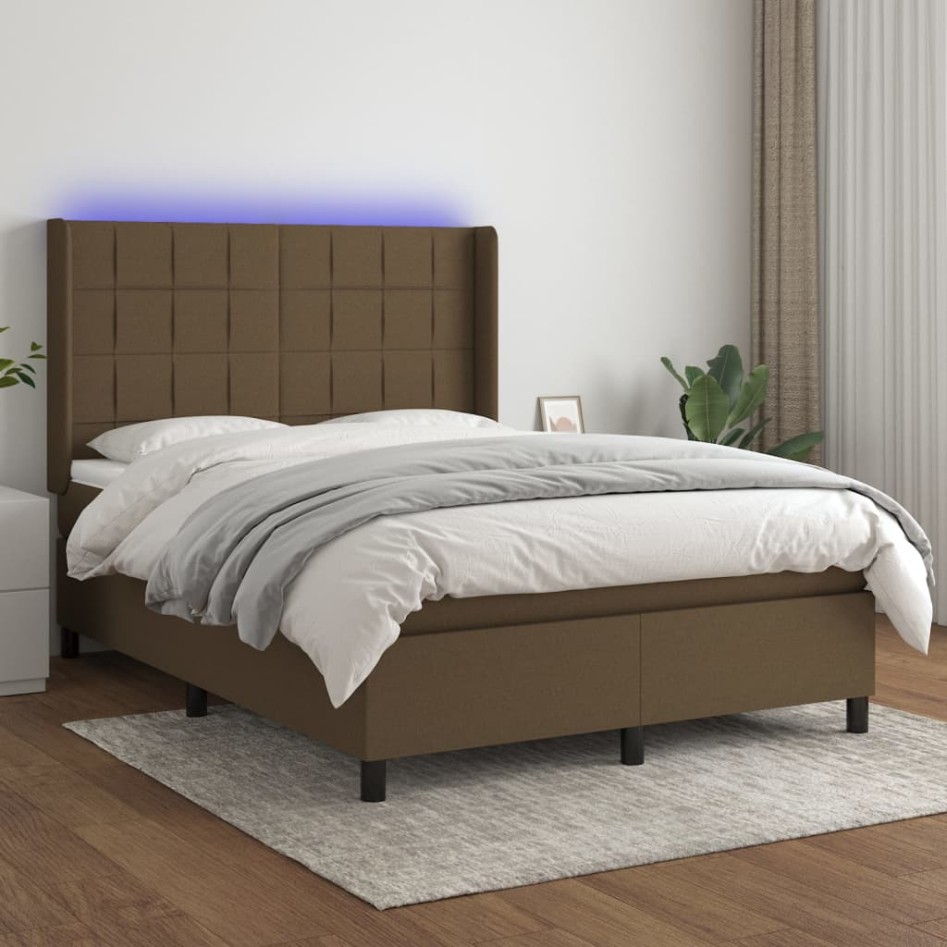 Cama box spring colchón luces LED tela marrón oscuro