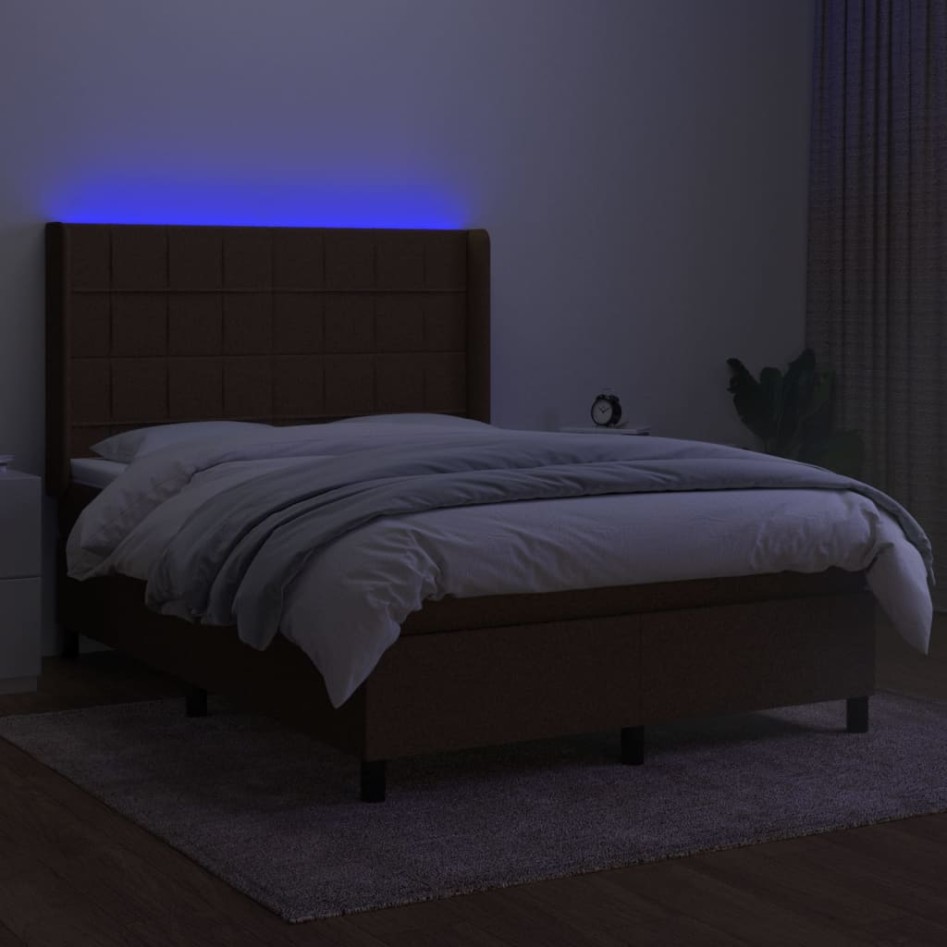 Cama box spring colchón luces LED tela marrón oscuro