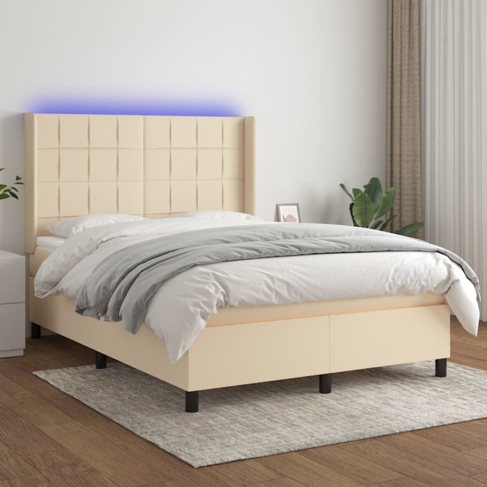 Cama box spring colchón y luces LED tela crema 140x200