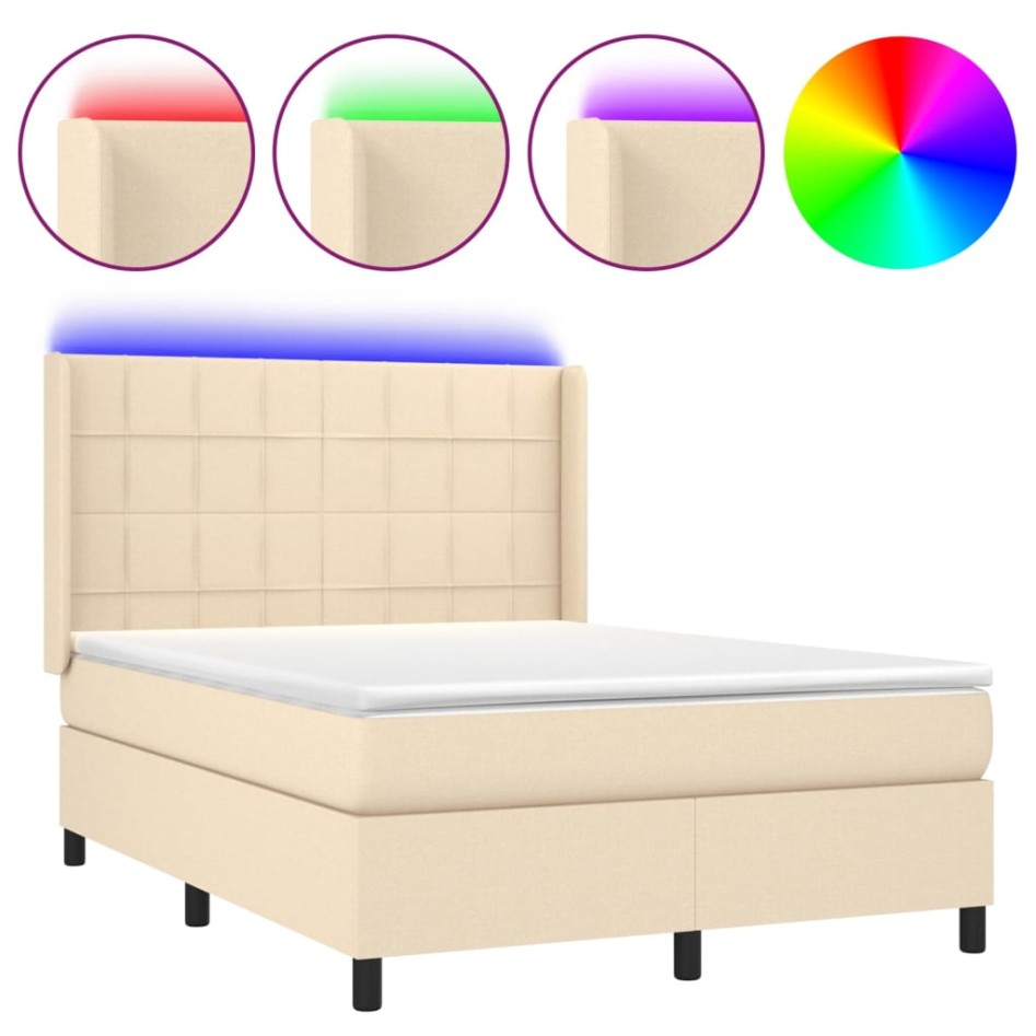 Cama box spring colchón y luces LED tela crema 140x200