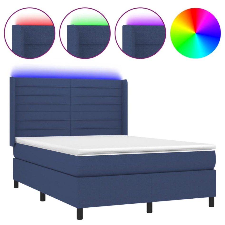 Cama box spring colchón y luces LED tela azul 140x190