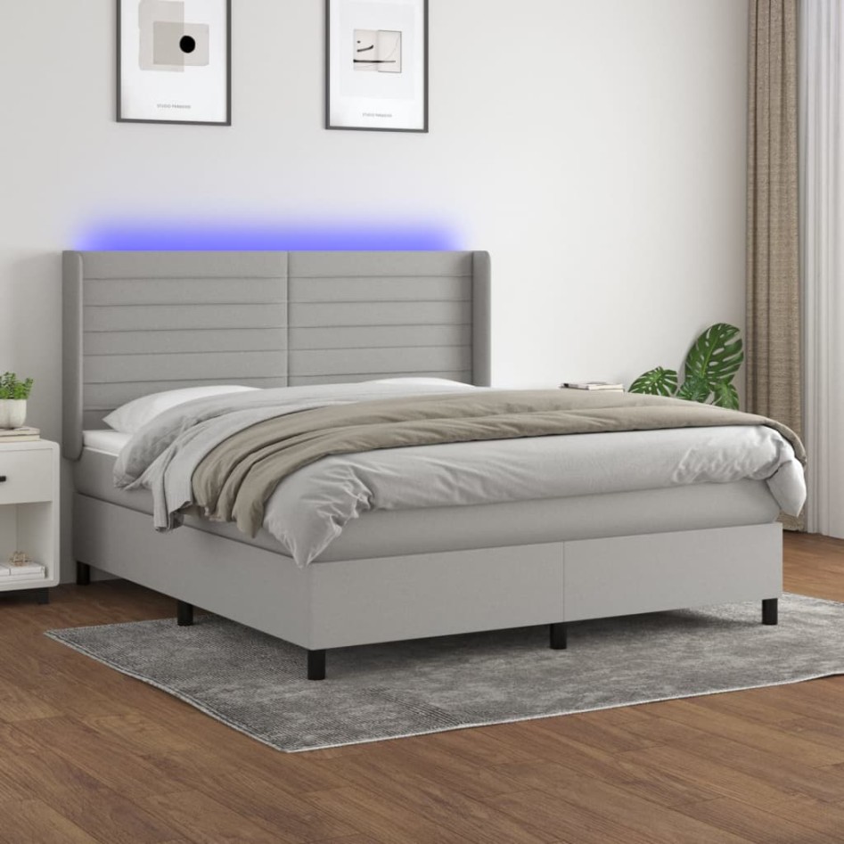 Cama box spring colchón y luces LED tela gris claro 160x200