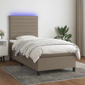 Cama box spring colchón y luces LED tela gris taupe 90x190