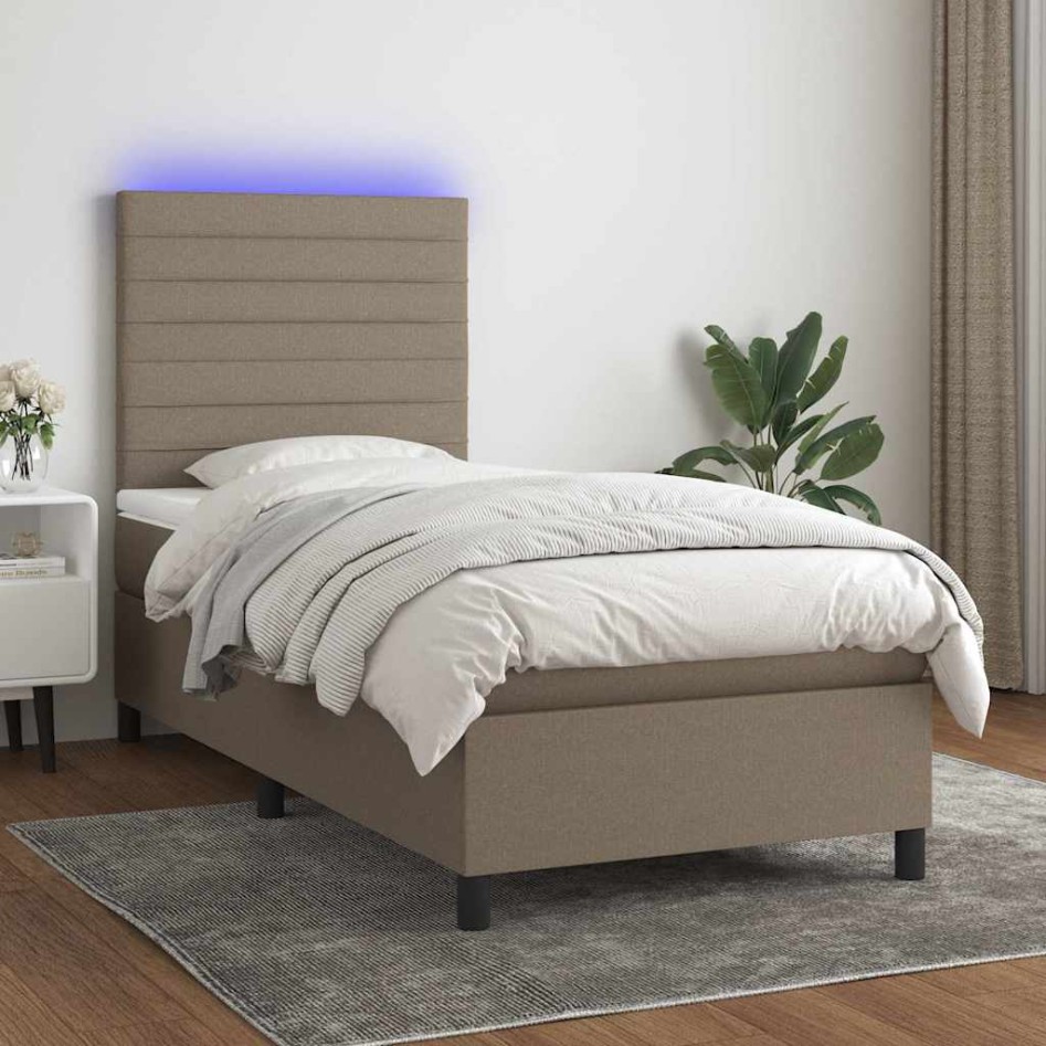 Cama box spring colchón y luces LED tela gris taupe 90x190