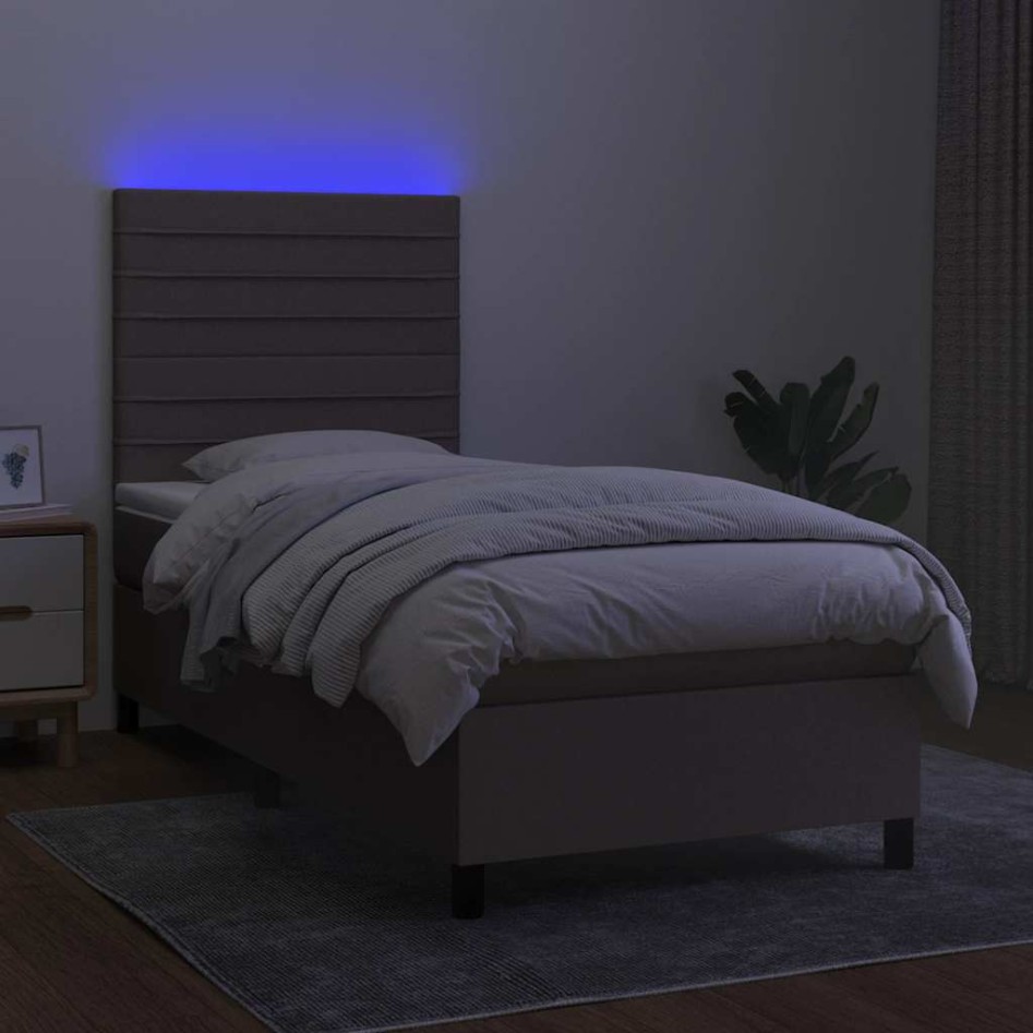 Cama box spring colchón y luces LED tela gris taupe 90x190