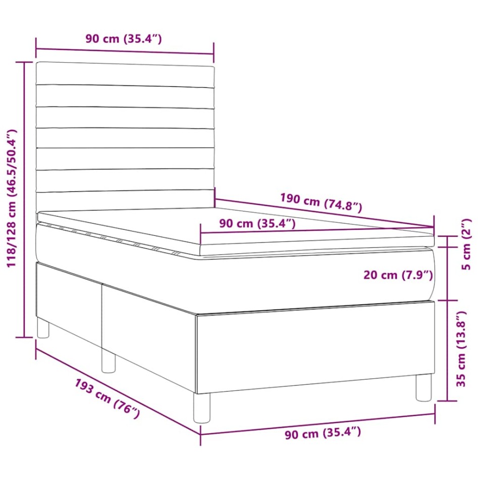 Cama box spring colchón y luces LED tela gris taupe 90x190