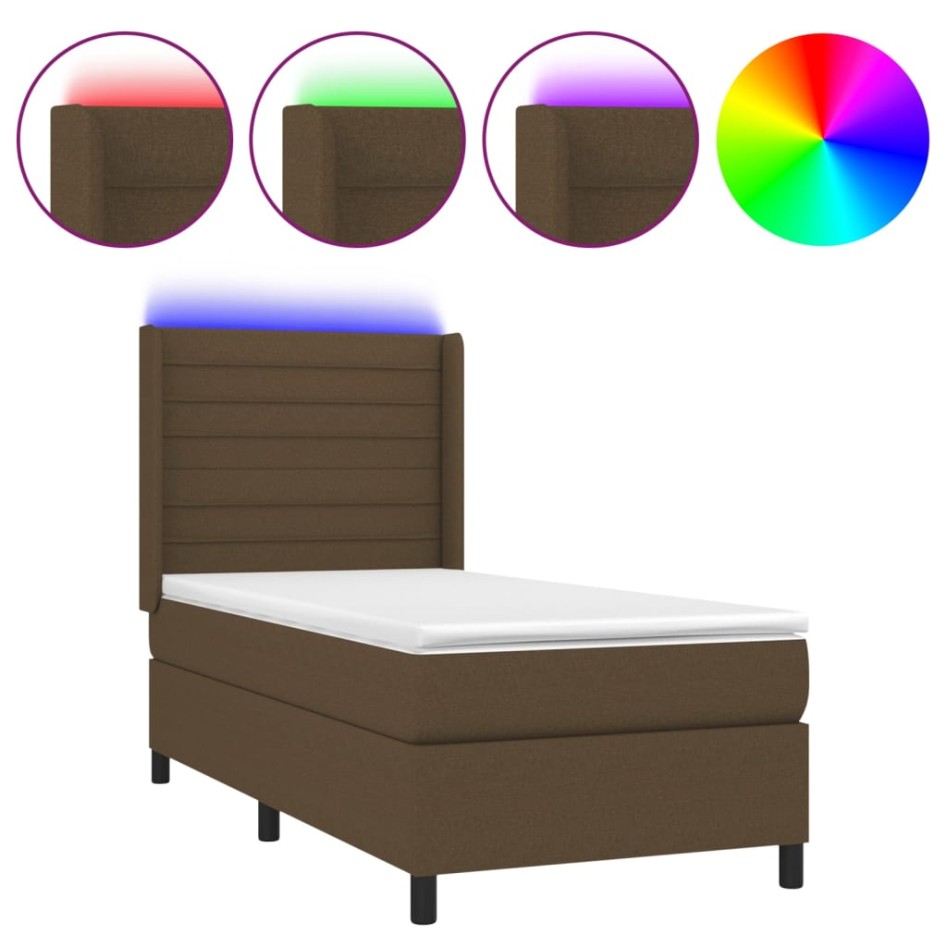 Cama box spring colchón luces LED tela marrón oscuro