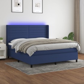 Cama box spring colchón y luces LED tela azul 160x200