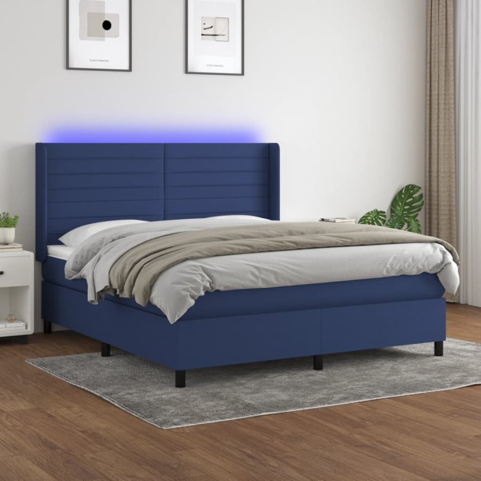 Cama box spring colchón y luces LED tela azul 160x200