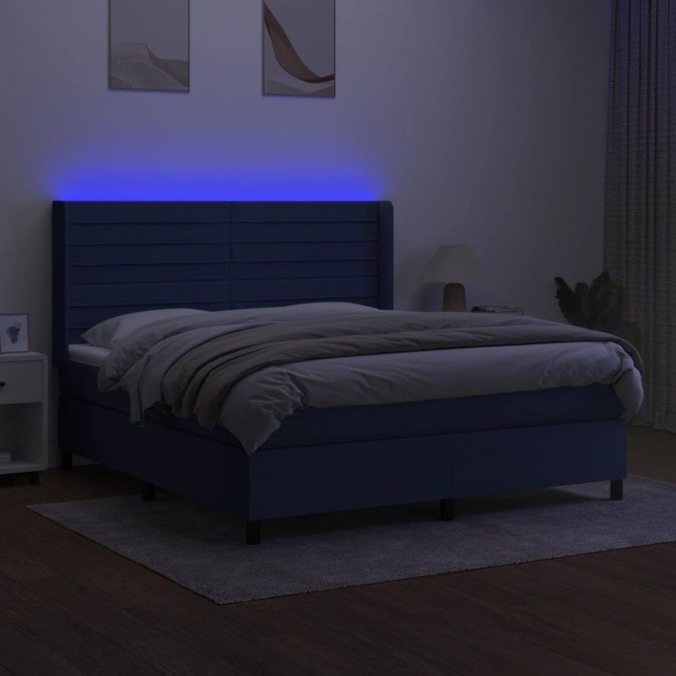 Cama box spring colchón y luces LED tela azul 160x200
