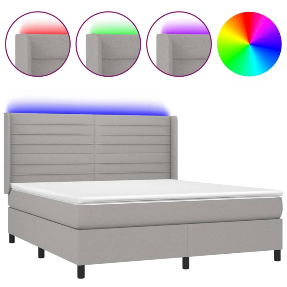 Cama box spring colchón y luces LED tela gris claro 180x200