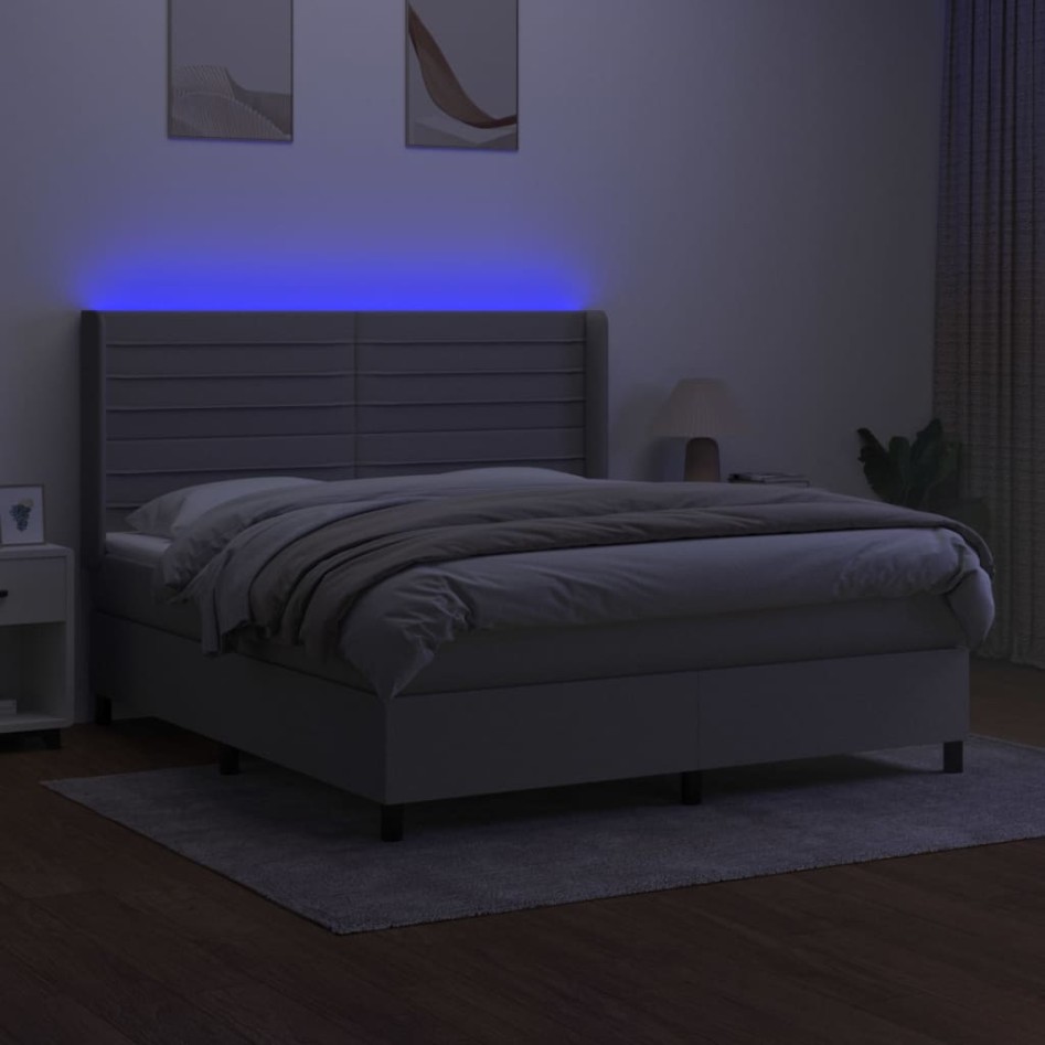 Cama box spring colchón y luces LED tela gris claro 180x200