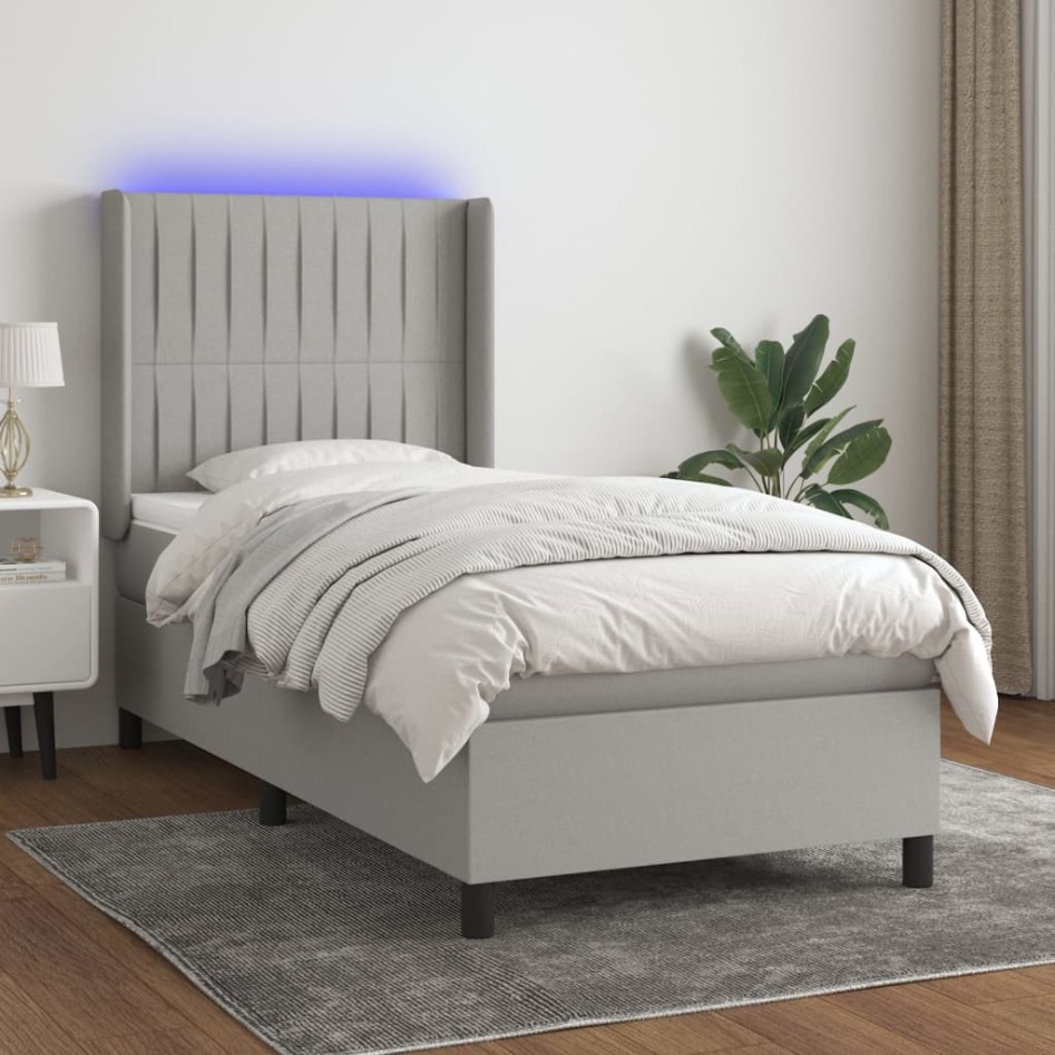 Cama box spring colchón y luces LED tela gris claro 100x200