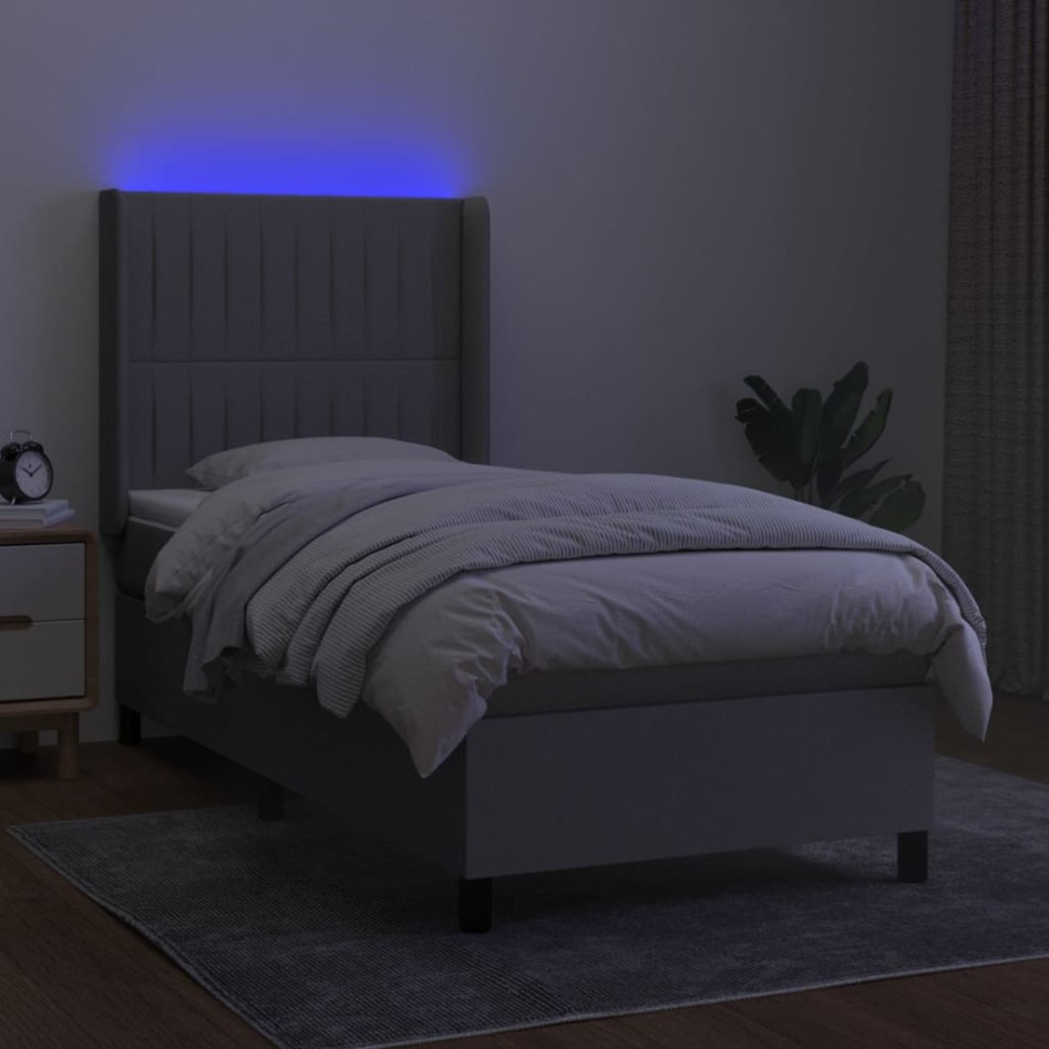 Cama box spring colchón y luces LED tela gris claro 100x200